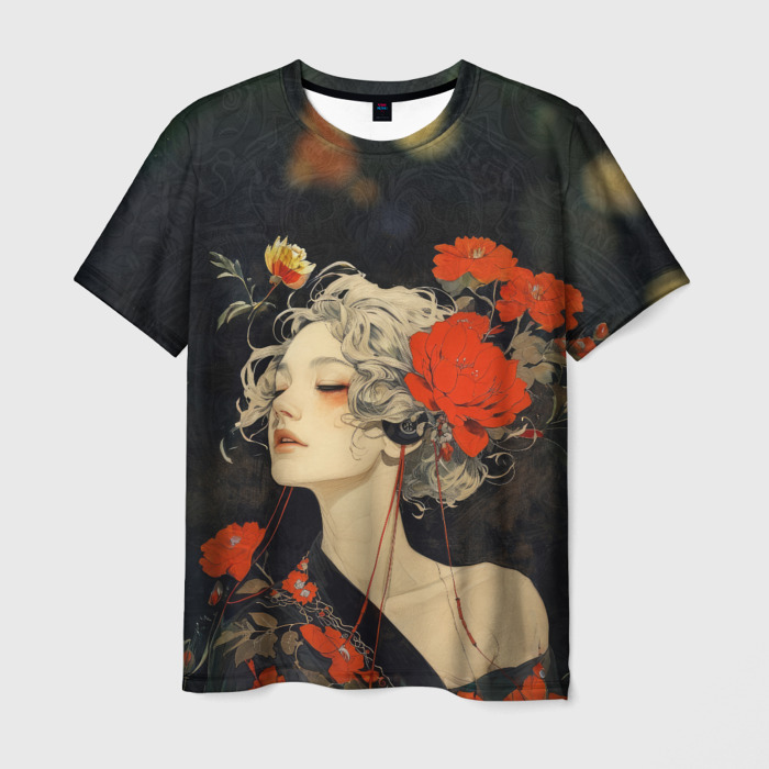 Мужская футболка 3D Спящая девушка с цветами фото