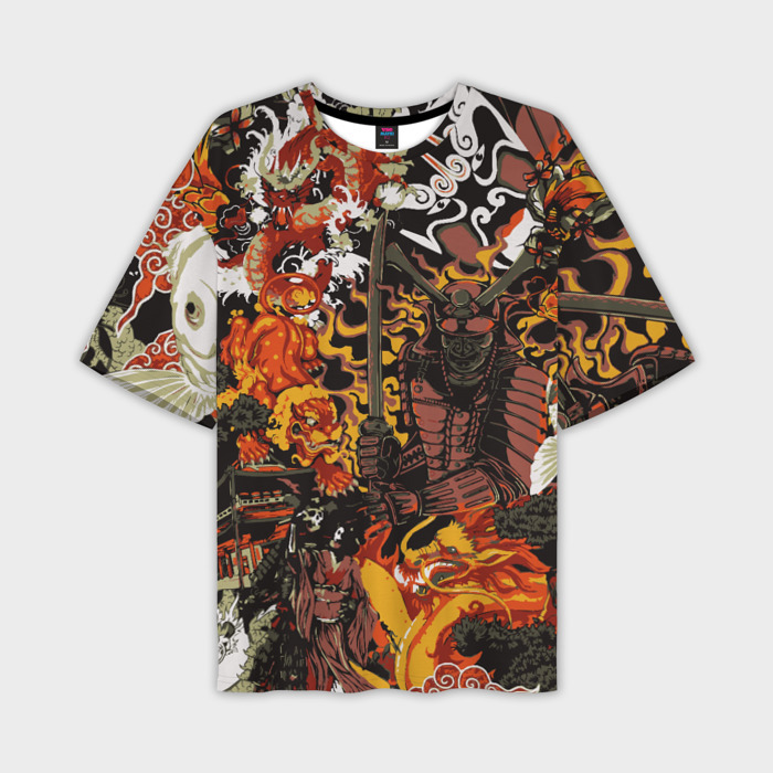 Мужская футболка oversize 3D Драконы и самураи Японии фото