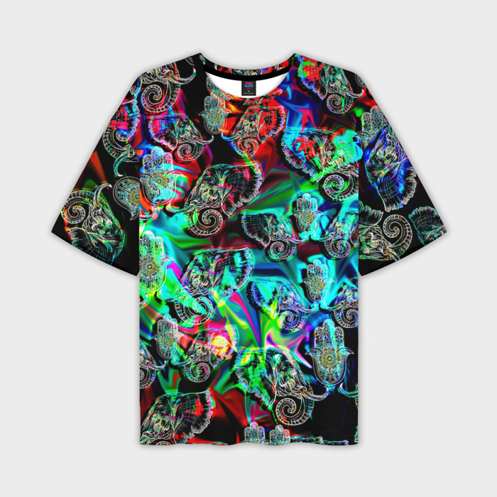 Мужская футболка oversize 3D Слоники в орнаменте фото