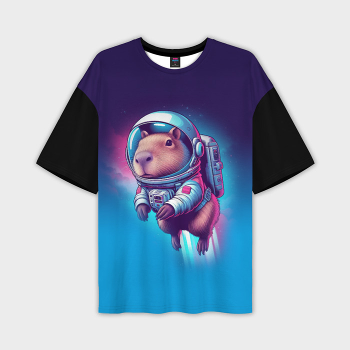 Мужская футболка oversize 3D Капибара бравый космонавт   нейросеть фото