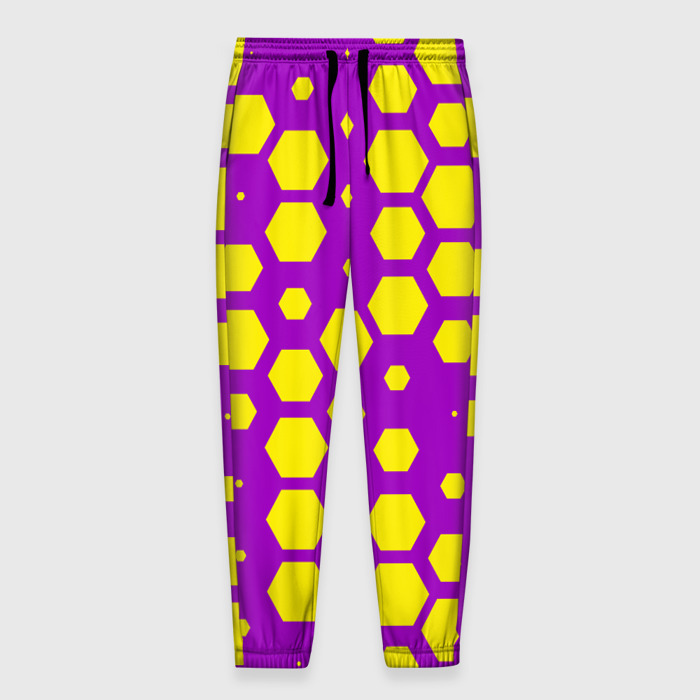 Мужские брюки 3D Желтые соты на фиолетовом фоне фото