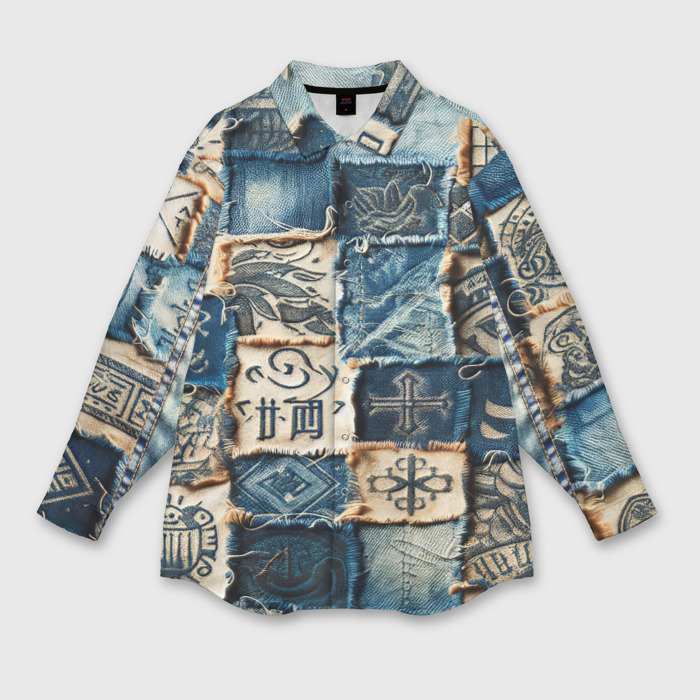 Мужская рубашка oversize 3D Татуировки на дениме фото