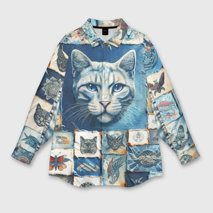 Мужская рубашка oversize 3D Кошка на дениме   пэчворк фото