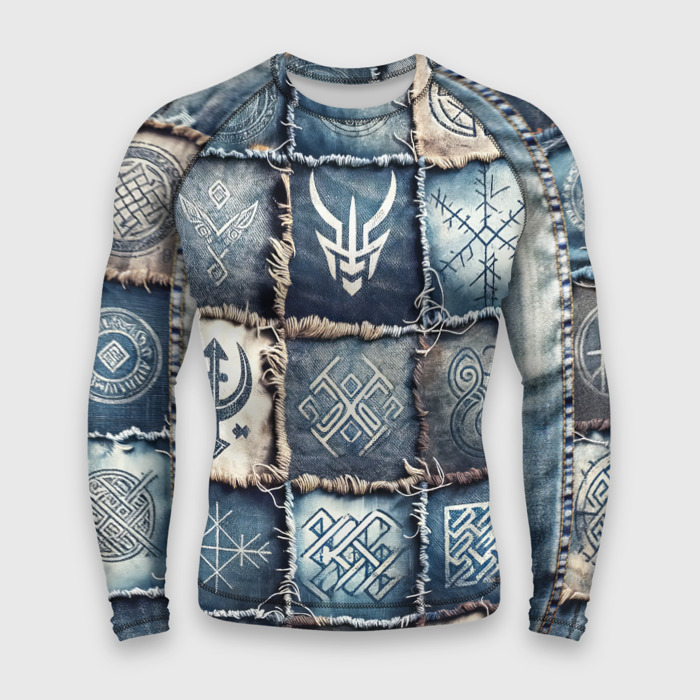 Мужской рашгард 3D Руны викингов на пэчворк джинсах фото
