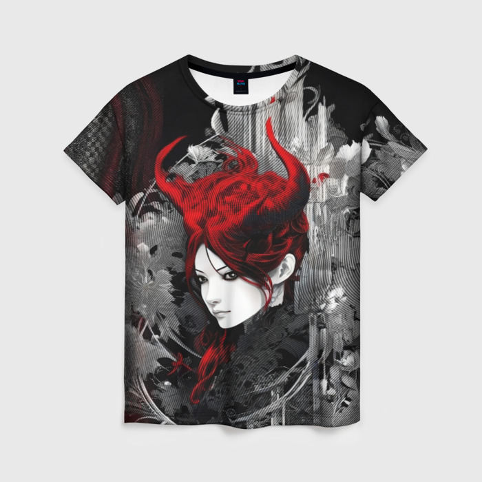 Женская футболка 3D Рыжая демонесса с рогами фото