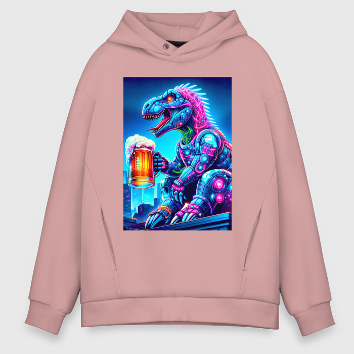 Мужское худи Oversize хлопок Cyber tyrannosaur with a mug of beer   ai art fantasy фото