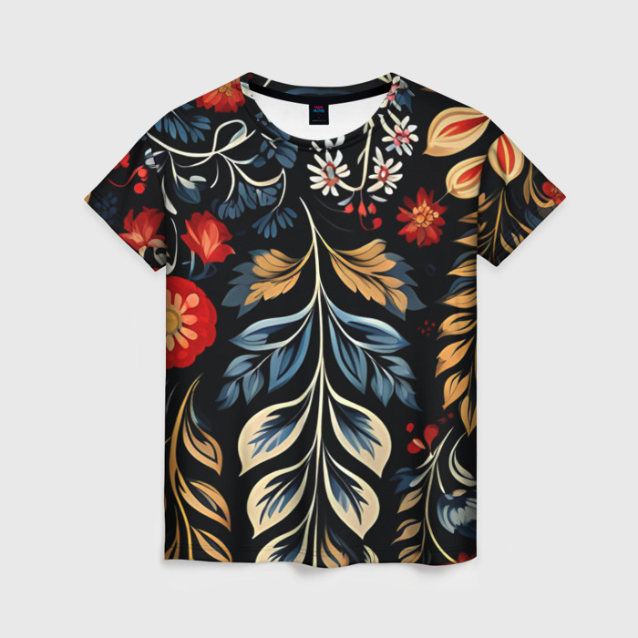 Женская футболка 3D Русские узоры на черном фоне фото
