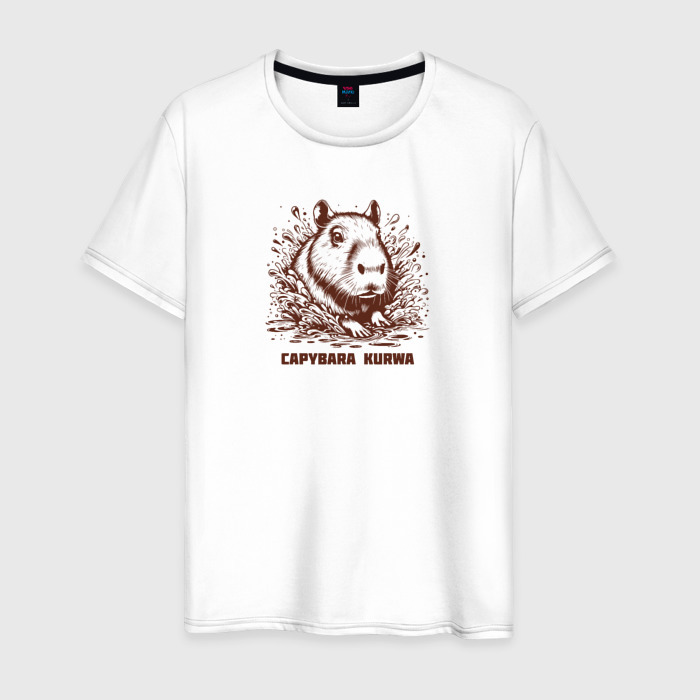Мужская футболка хлопок Капибара в воде и надпись фото