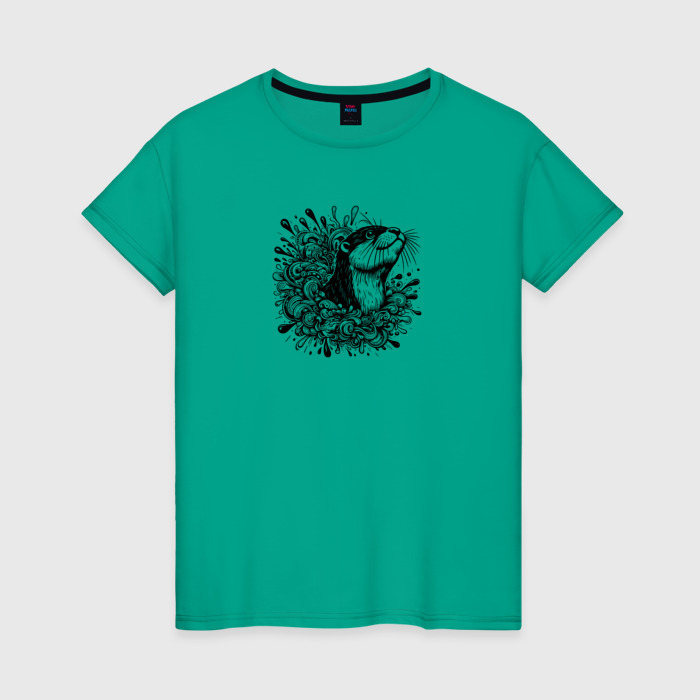 Женская футболка хлопок Выдра в брызгах воды фото