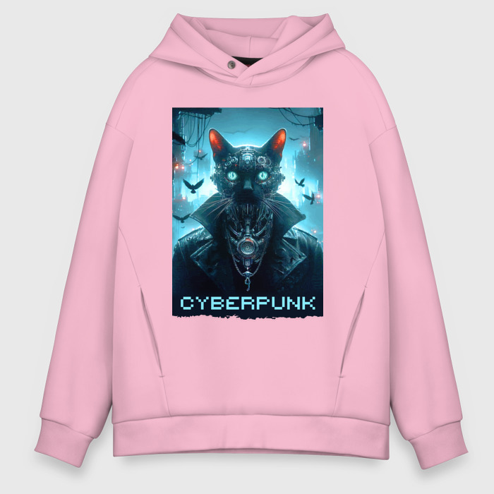 Мужское худи Oversize хлопок Cyber black cat   ai art fantasy фото