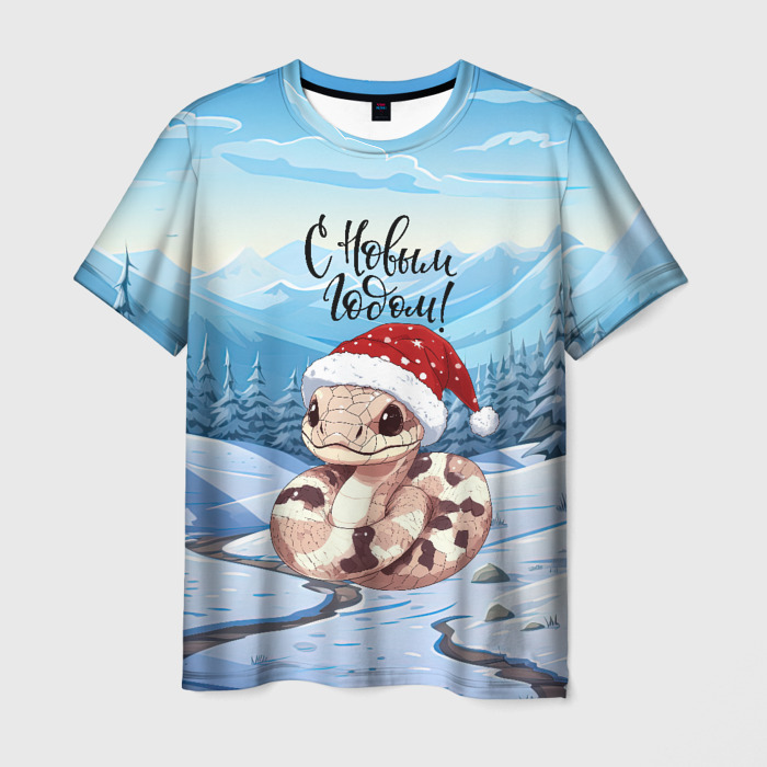 Мужская футболка 3D Новогодняя милая песочная  змейка 2025 фото