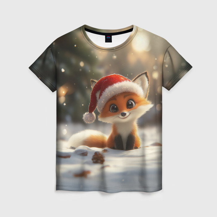 Женская футболка 3D Маленькая новогодняя лисичка фото