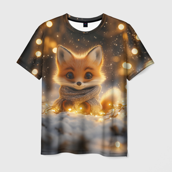 Мужская футболка 3D Лисичка и огоньки фото