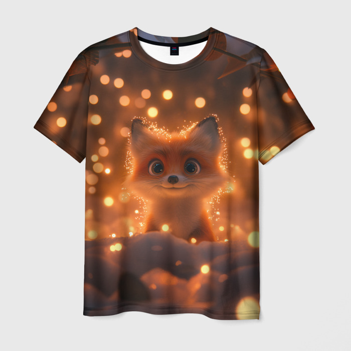 Мужская футболка 3D Лисичка в желтых огоньках фото