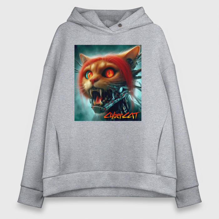 Женское худи Oversize хлопок Super cyber red cat   ai art fantasy фото