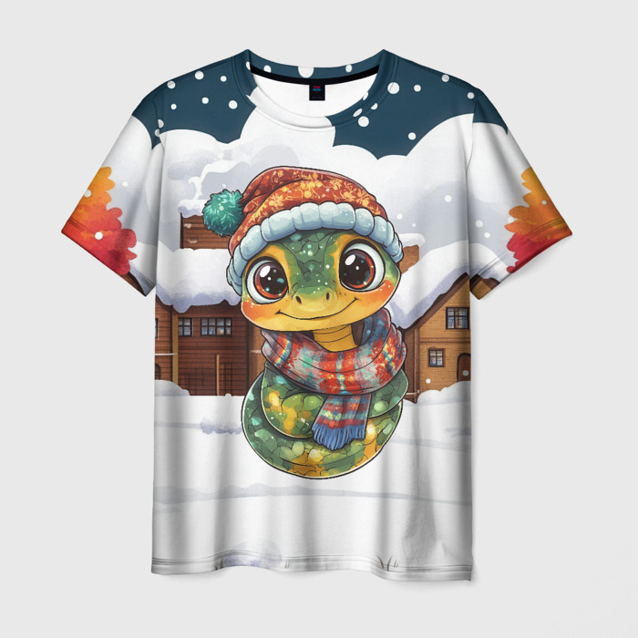 Мужская футболка 3D Новогодняя змейка в  шарфике фото