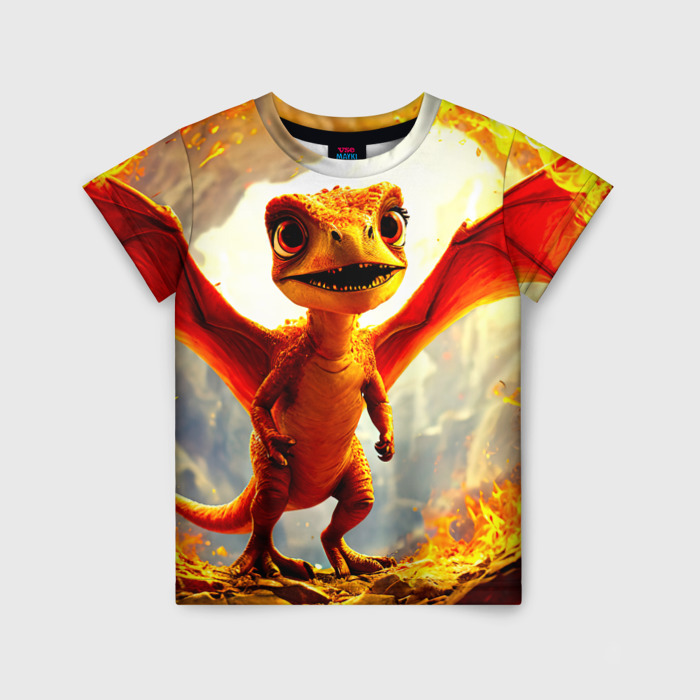 Детская футболка 3D Птерозаврик в огне фото