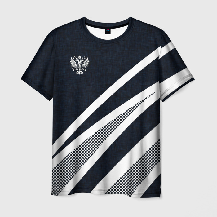 Мужская футболка 3D Герб России тёмно синий с белым фото