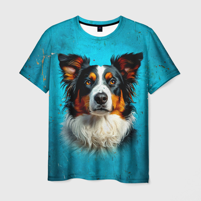 Мужская футболка 3D Бордер колли на синем фото