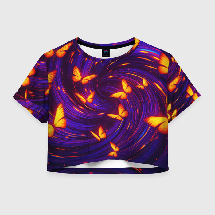 Женская футболка Crop-top 3D Бабочки и фон спираль   эффект перспективы   вихрь паттерн фото
