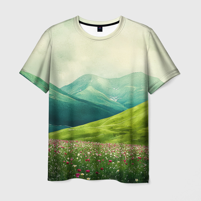 Мужская футболка 3D Горы и поле с цветами   зеленый пейзаж фото