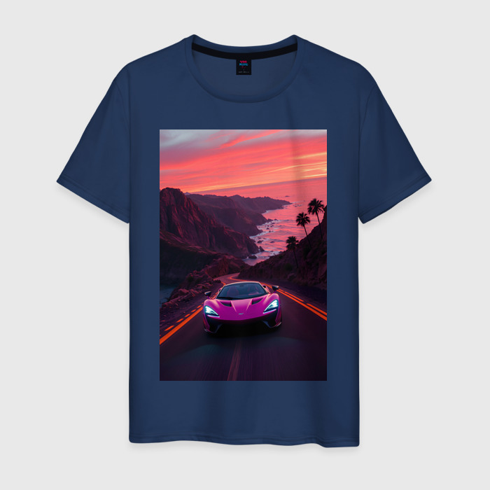 Мужская футболка хлопок Суперкар едет по дороге около океана фото