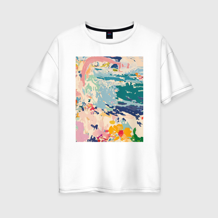 Женская футболка хлопок Oversize Абстрактная картина с морем и цветами фото