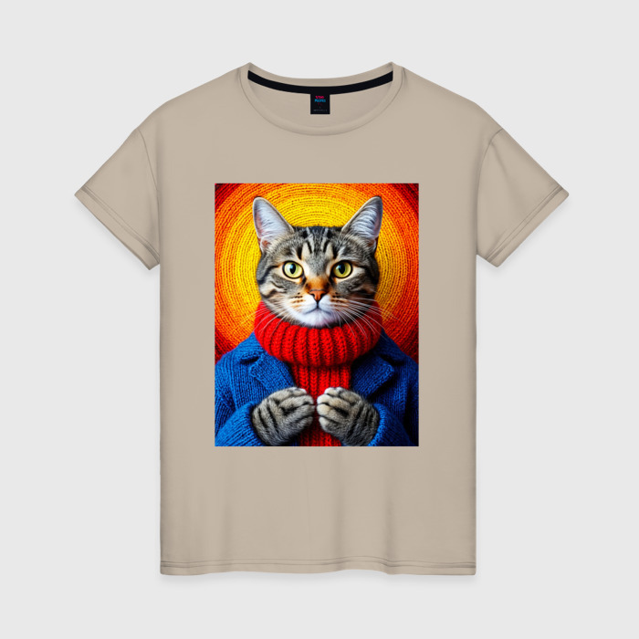 Женская футболка хлопок Котик в вязаной кофте фото