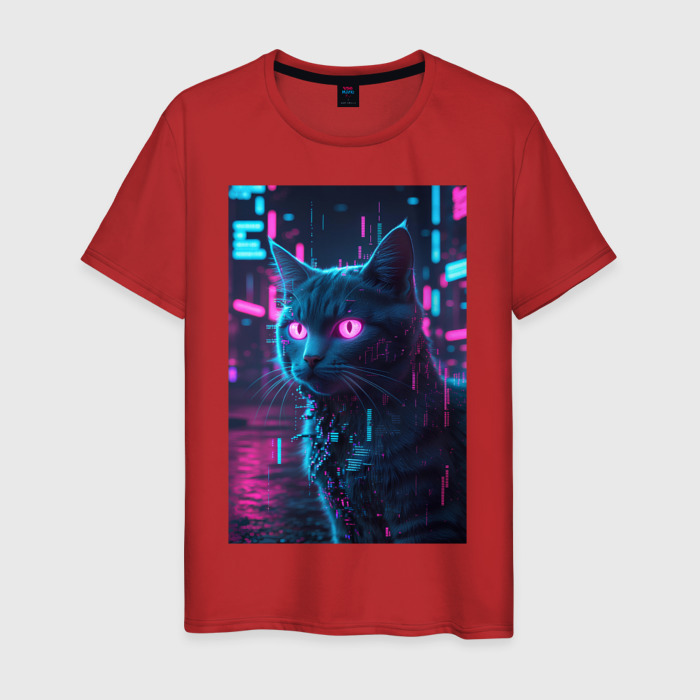 Мужская футболка хлопок Кот со светящимися глазами в стиле киберпанк фото