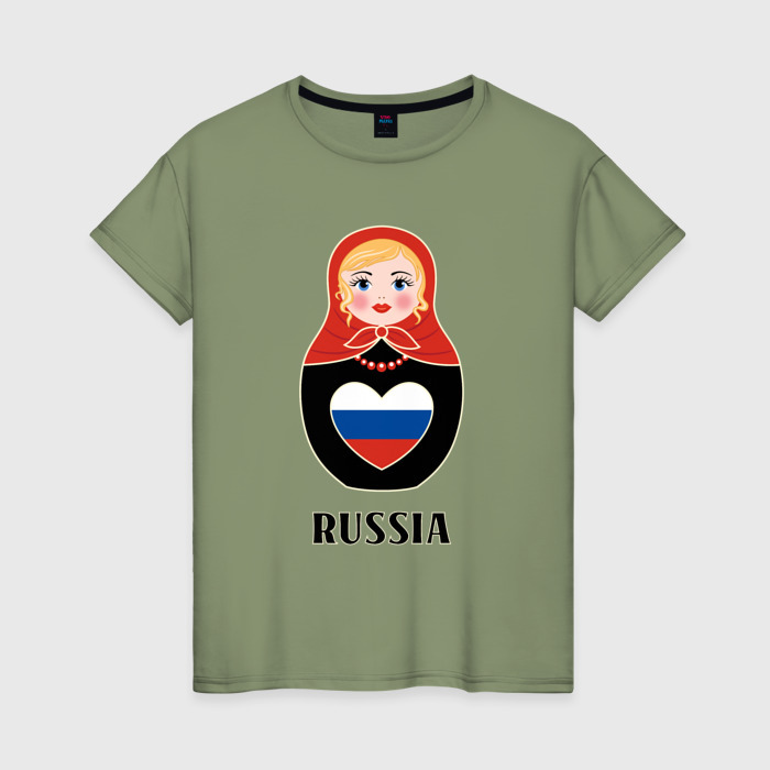 Женская футболка хлопок Матрёшка с триколором в сердце фото