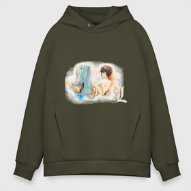 Мужское худи Oversize хлопок с принтом Death Note L в Ухте, френч-терри — 70% хлопок, 30% полиэстер. Мягкий теплый начес внутри —100% хлопок | боковые карманы, эластичные манжеты и нижняя кромка, капюшон на магнитной кнопке | anime | death note | deathnote | аниме | анимэ