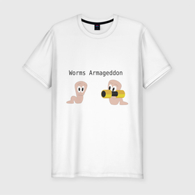 Мужская футболка премиум с принтом Worms armageddon в Екатеринбурге, 92% хлопок, 8% лайкра | приталенный силуэт, круглый вырез ворота, длина до линии бедра, короткий рукав | Тематика изображения на принте: armageddon | worms | армагеддон | червяки | червячки