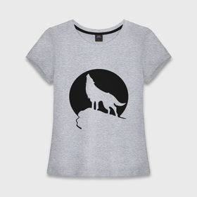 Женская футболка хлопок Slim с принтом Волк на фоне Луны в Тюмени,  |  | волк | животные | луна | утес | хищник