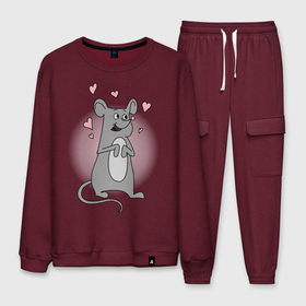 Мужской костюм хлопок с принтом Mousy в Кировске, 100% хлопок | на свитшоте круглая горловина, мягкая резинка по низу. Брюки заужены к низу, на них два вида карманов: два “обычных” по бокам и два объемных, с клапанами, расположенные ниже линии бедра. Брюки с мягкой трикотажной резинкой на поясе и по низу штанин. В поясе для дополнительного комфорта — широкие завязки | 14 feb | 14 февраля | влюбленным | день святого валентина | любовь | мышка | мышонок | парные