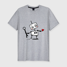 Мужская футболка хлопок Slim с принтом Роботы мальчик парная , 92% хлопок, 8% лайкра | приталенный силуэт, круглый вырез ворота, длина до линии бедра, короткий рукав | для двоих | любовь | мальчик | парень | парные | робот мальчик | роботы мальчик (парная) | сердце