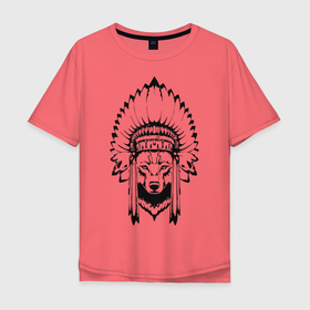Мужская футболка хлопок Oversize с принтом Лис-индеец в Санкт-Петербурге, 100% хлопок | свободный крой, круглый ворот, “спинка” длиннее передней части | art | арт | голова | дух | животное | зверь | индеец | лис | лиса | перья | рисук | тату | тотем | язычество