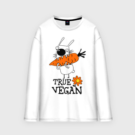 Мужской лонгслив oversize хлопок с принтом True vegan истинный веган в Тюмени,  |  | carrot | flower | rabbit | true | vegan | веган | заяц | истинный | морковка | ролик | цветок | экология