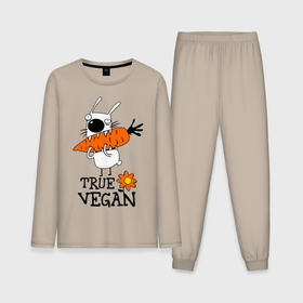Мужская пижама с лонгсливом хлопок с принтом True vegan истинный веган в Новосибирске,  |  | Тематика изображения на принте: carrot | flower | rabbit | true | vegan | веган | заяц | истинный | морковка | ролик | цветок | экология