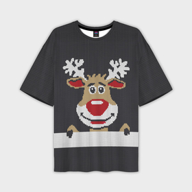 Мужская футболка oversize 3D с принтом Олень свитер вязаный в Екатеринбурге,  |  | зима | новый год | олень | снег | снежинки