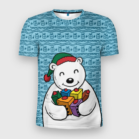 Мужская футболка 3D спортивная с принтом Новогодний мишка в Курске, 100% полиэстер с улучшенными характеристиками | приталенный силуэт, круглая горловина, широкие плечи, сужается к линии бедра | 2016 | медведь | мишка | новый год