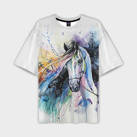 Мужская футболка oversize 3D с принтом Лошадь. Арт 3 в Тюмени,  |  | horse | horseshoe | акварель | головалошади | грива | жеребец | животные | конь | лошадь | лошадьскрыльями | подкова | природа | рисуноккрасками