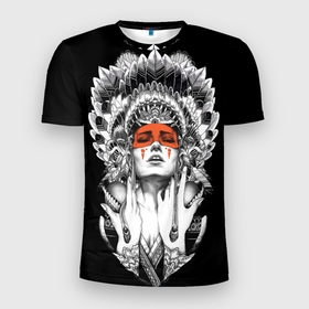 Мужская футболка 3D Slim с принтом Индейская богиня в Тюмени, 100% полиэстер с улучшенными характеристиками | приталенный силуэт, круглая горловина, широкие плечи, сужается к линии бедра | Тематика изображения на принте: девушка | индийская богиня | ирокез | маска