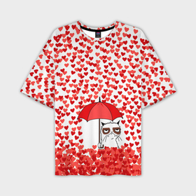 Мужская футболка oversize 3D с принтом Сердцепад и сердитый кот в Кировске,  |  | зонтик | кот | сердитый | сердца | сердцепад