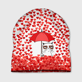 Шапка 3D с принтом Сердцепад и сердитый кот в Тюмени, 100% полиэстер | универсальный размер, печать по всей поверхности изделия | зонтик | кот | сердитый | сердца | сердцепад