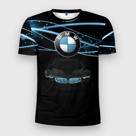 Мужская футболка 3D Slim с принтом BMW в Курске, 100% полиэстер с улучшенными характеристиками | приталенный силуэт, круглая горловина, широкие плечи, сужается к линии бедра | bmw | бмв | бумер | на макете изображён автомобиль bmw. автомобиль