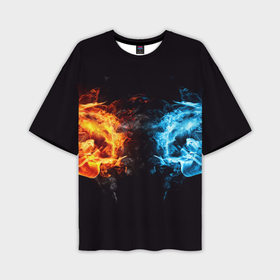 Мужская футболка oversize 3D с принтом Лёд и пламя в Петрозаводске,  |  | Тематика изображения на принте: вода | красный | лёд и пламя | огонь | руки | синий | столкновение | удар