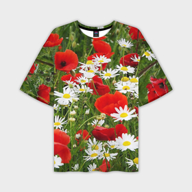 Мужская футболка oversize 3D с принтом Полевые цветы  маки и ромашки в Петрозаводске,  |  | Тематика изображения на принте: поле | полевые цветы | цветы