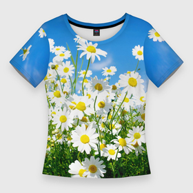 Женская футболка 3D Slim с принтом Полевые цветы   ромашки ,  |  | Тематика изображения на принте: поле | полевые цветы | цветы