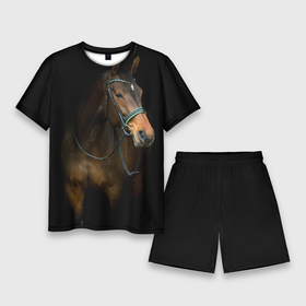 Мужской костюм с шортами 3D с принтом Породистый жеребец в Кировске,  |  | Тематика изображения на принте: жеребец | животные | конь | лошадка | лошадь | погоня | седло | скакун | скачки | узда