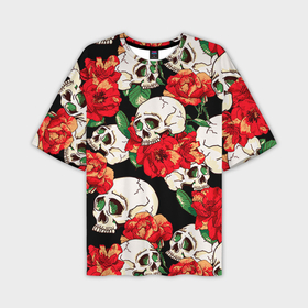 Мужская футболка oversize 3D с принтом Черепки и розы в Тюмени,  |  | Тематика изображения на принте: music | rock | skull | музыка | рок | череп | черепа